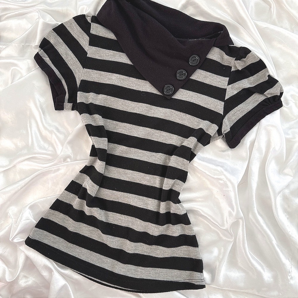 Fashion Magazine Black Grey Striped Cowl Neck Button Puff Sleeve Knit Top Small